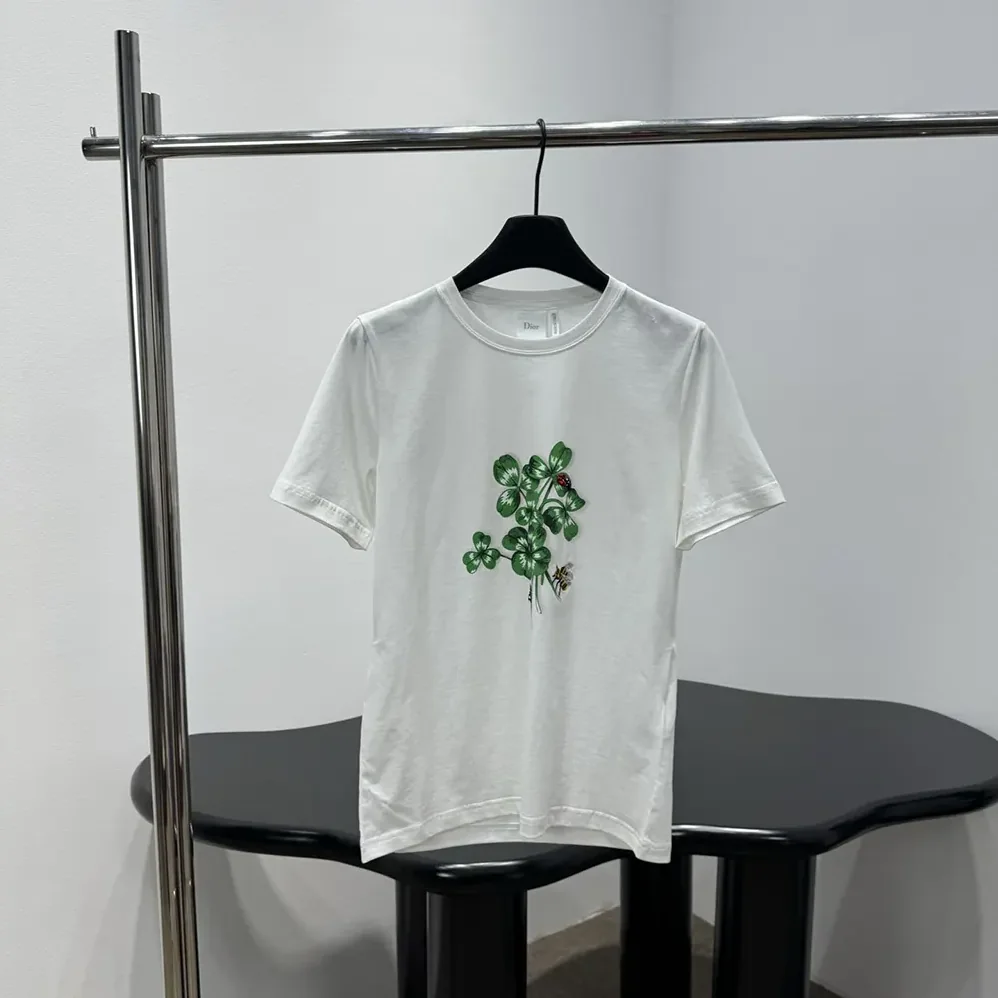 Dior Fitted T-Shirt White Cotton Jersey with Green Dior Clover Motif for Women