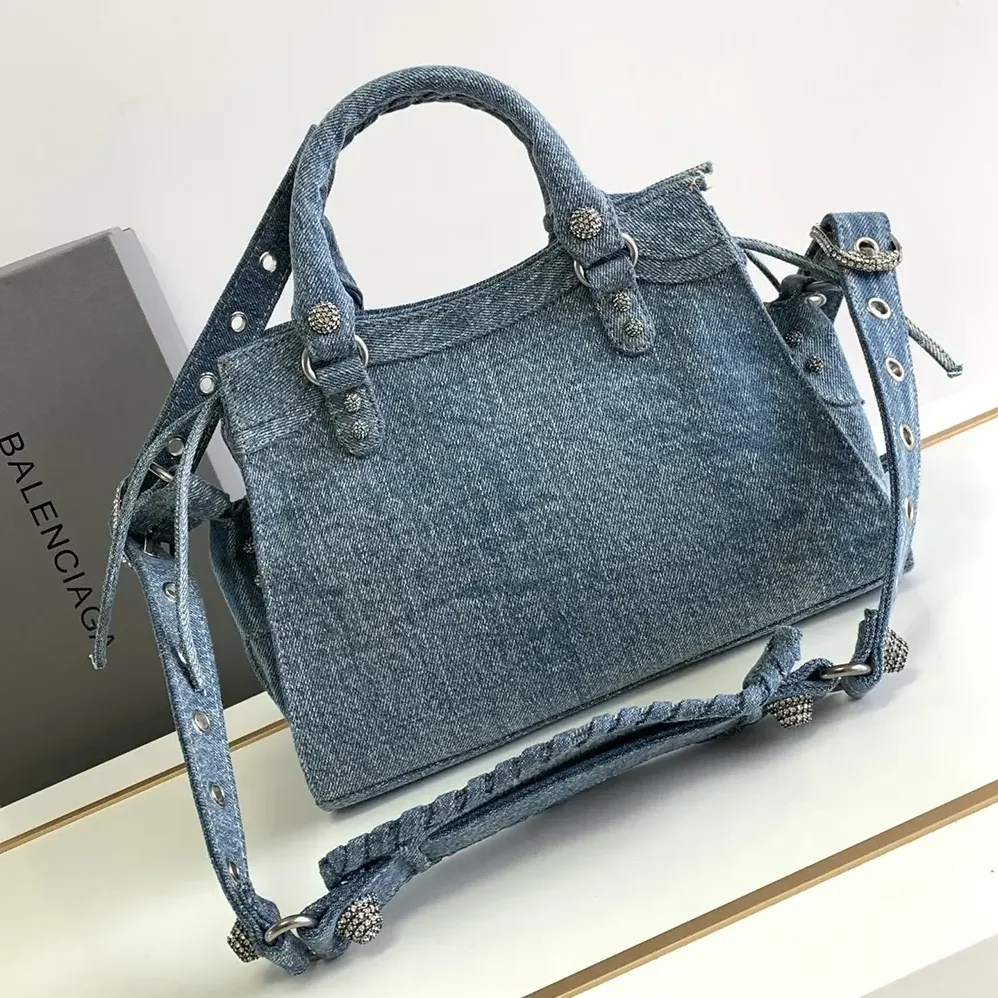 Balenciaga Neo Cagole City Handbag Denim with Rhinestones in Blue for Women Balenciaga Neo Cagole City Handbag Denim with Rhinestones in Blue for Women