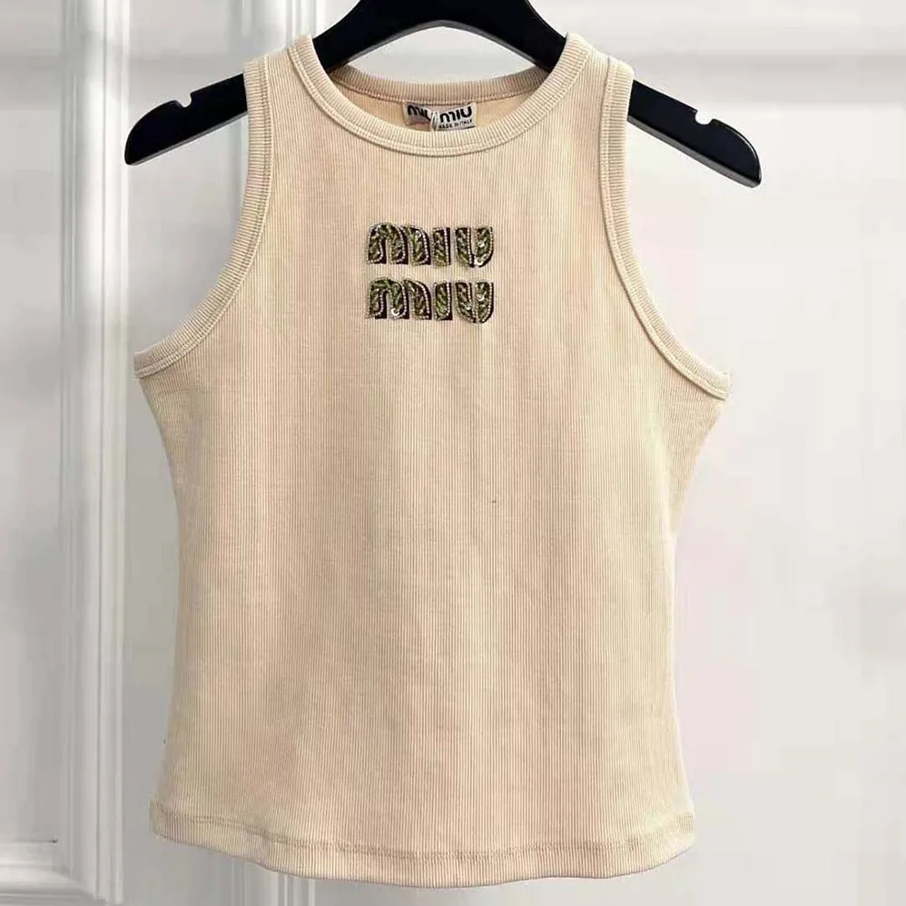 Miu Miu Ribbed Jersey Top with Embroidered Logo for Women in Beige