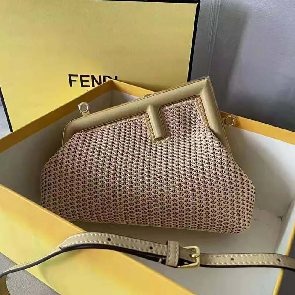 Fendi First Small Beige Raffia Macrame Bag for Women Fendi First Small Beige Raffia Macrame Bag for Women