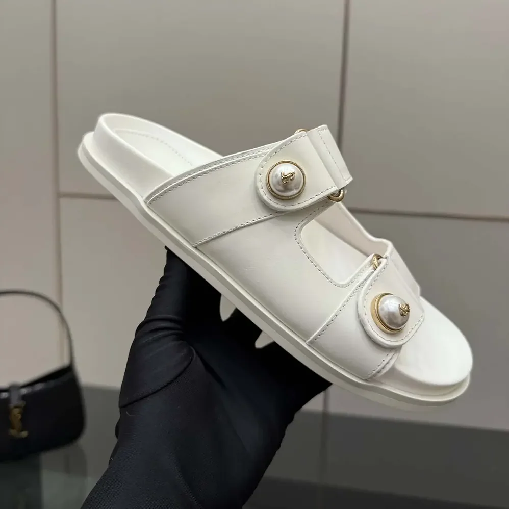 Jimmy Choo Fayence Sandal Latte Leather Flat Sandals with Pearl Embellishment for Women