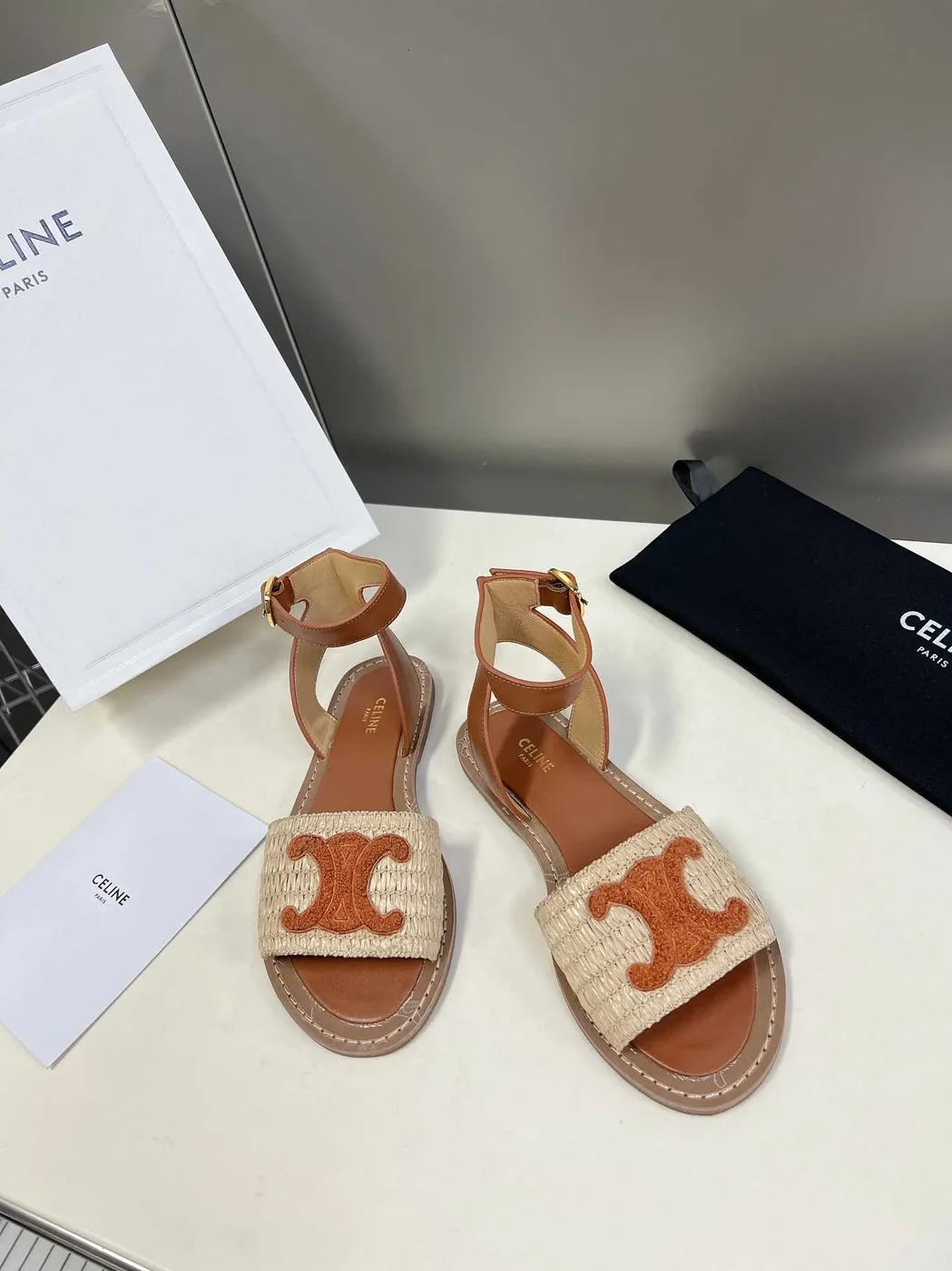 Celine Lympia Flat Strap Sandal In Raffia Brown Celine Lympia Flat Strap Sandal In Raffia Brown