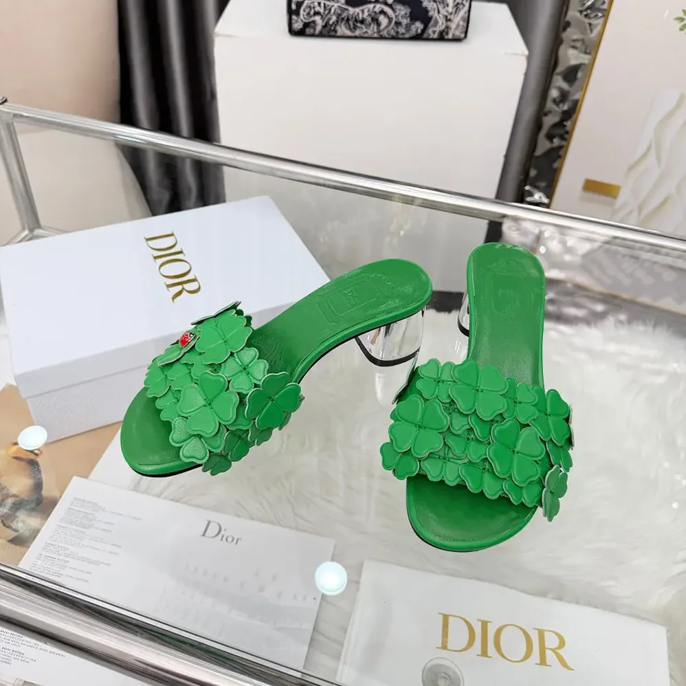 Dior Bloom Heeled Slide Green Dior Clover Embroidered Lambskin for Women Dior Bloom Heeled Slide Green Dior Clover Embroidered Lambskin for Women