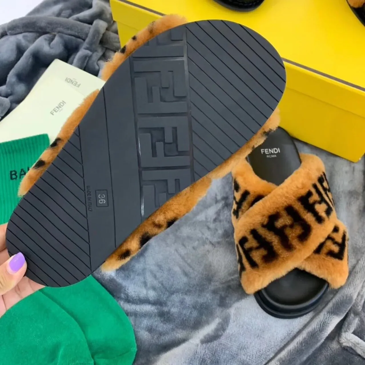 Fendi Shearling FF Logo Leather & Dyed Shearling Fur Cross Slides Fall/Winter 2019 Collection, Black in Brown Fendi Shearling FF Logo Leather & Dyed Shearling Fur Cross Slides Fall/Winter 2019 Collection, Black in Brown