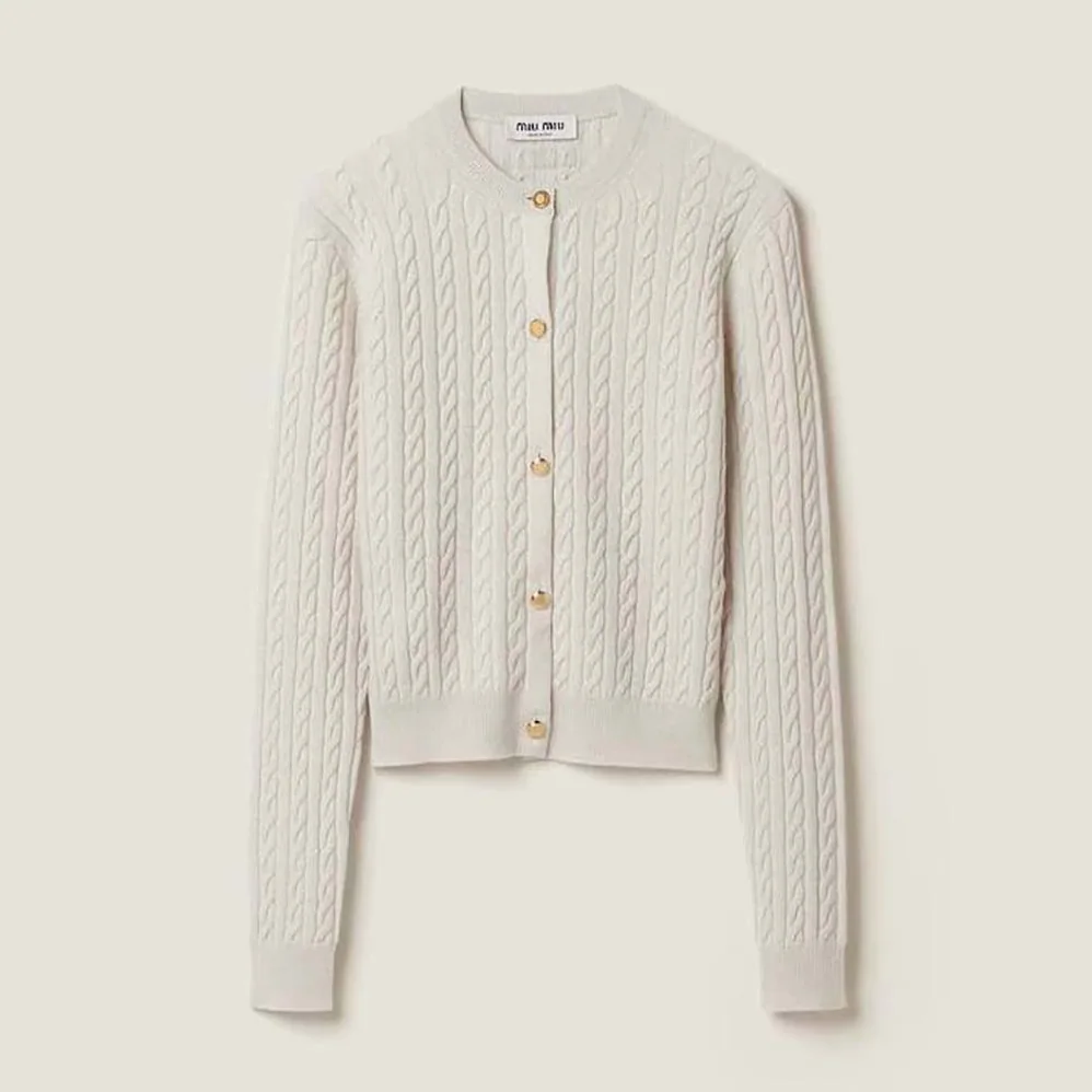Miu Miu Cashmere Cardigan with Knit Logo Patch for Women Miu Miu Cashmere Cardigan with Knit Logo Patch for Women