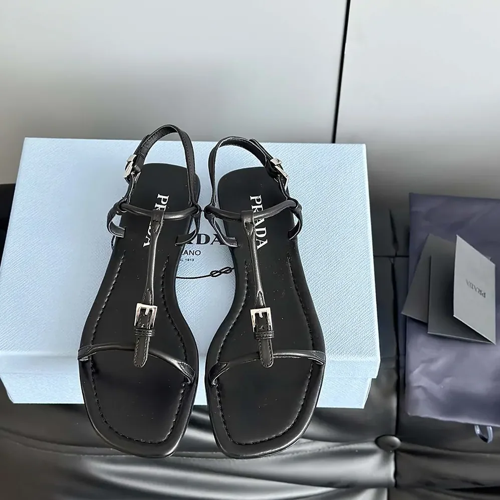 Prada Flat Leather Sandals for Women in Black Prada Flat Leather Sandals for Women in Black