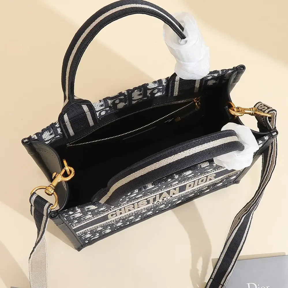 Dior Small Dior Book Tote Blue Dior Oblique Embroidery and Calfskin for Women