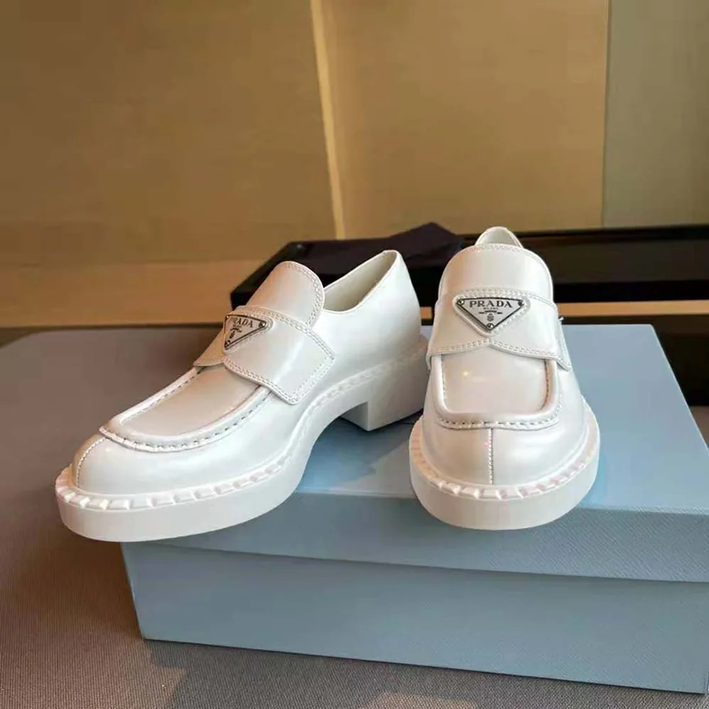Prada Brushed Leather Loafers for Women in White Prada Brushed Leather Loafers for Women in White