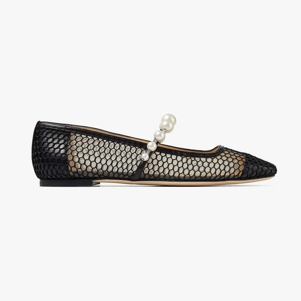 Jimmy Choo Ade Flat Black Fishnet Mesh and Nappa Flats with Pearl for Women in Embellished Strap Jimmy Choo Ade Flat Black Fishnet Mesh and Nappa Flats with Pearl for Women in Embellished Strap