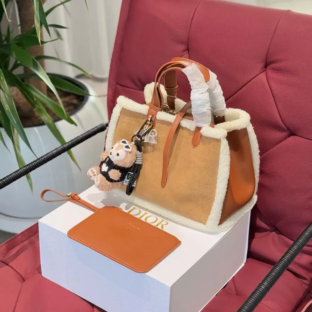 Dior Medium Dior Toujours Bag Beige Macrocannage Suede and Ecru Lambskin Shearling for Women