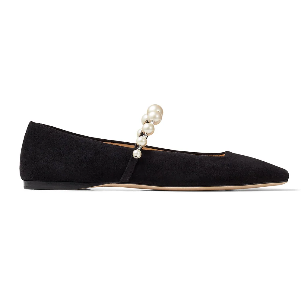 Jimmy Choo ADE Flat Black Suede Flats with Pearl Embellishment for Women Jimmy Choo ADE Flat Black Suede Flats with Pearl Embellishment for Women