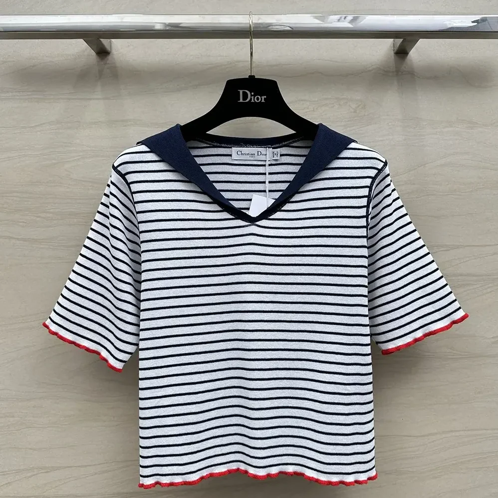 Dior Dioriviera Sweater White and Navy Blue Linen, Cashmere and Silk Ribbed Knit for Women Dior Dioriviera Sweater White and Navy Blue Linen, Cashmere and Silk Ribbed Knit for Women