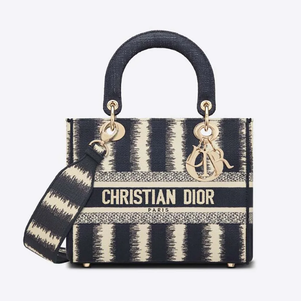 Dior Medium Lady D-lite Bag Blue D for Women in Stripes Embroidery