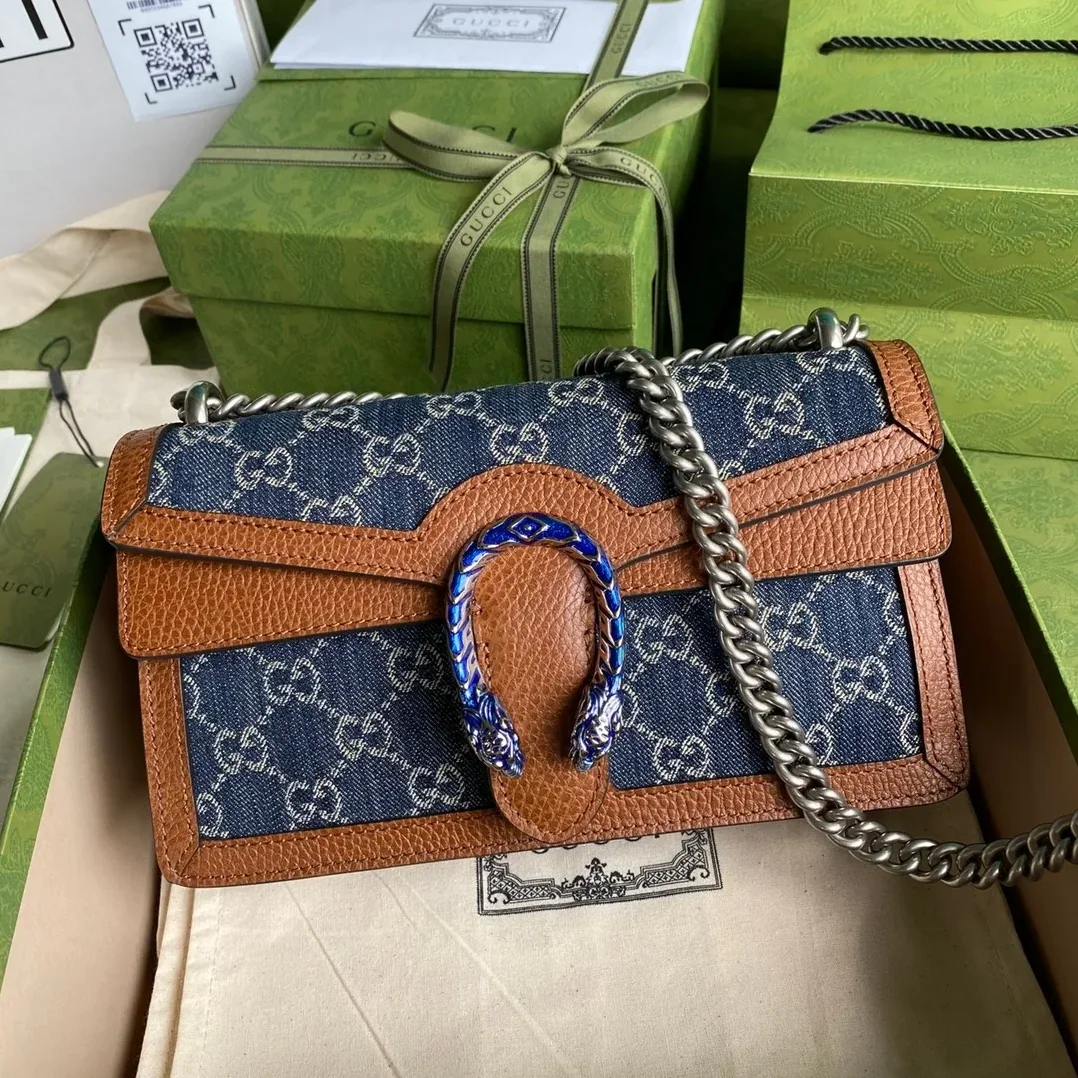 Gucci Dionysus Small Shoulder Bag / Dark Blue/ Ivory Eco Washed Organic GG Jacquard Denim Antique Silver Hardware Gucci Dionysus Small Shoulder Bag / Dark Blue/ Ivory Eco Washed Organic GG Jacquard Denim Antique Silver Hardware