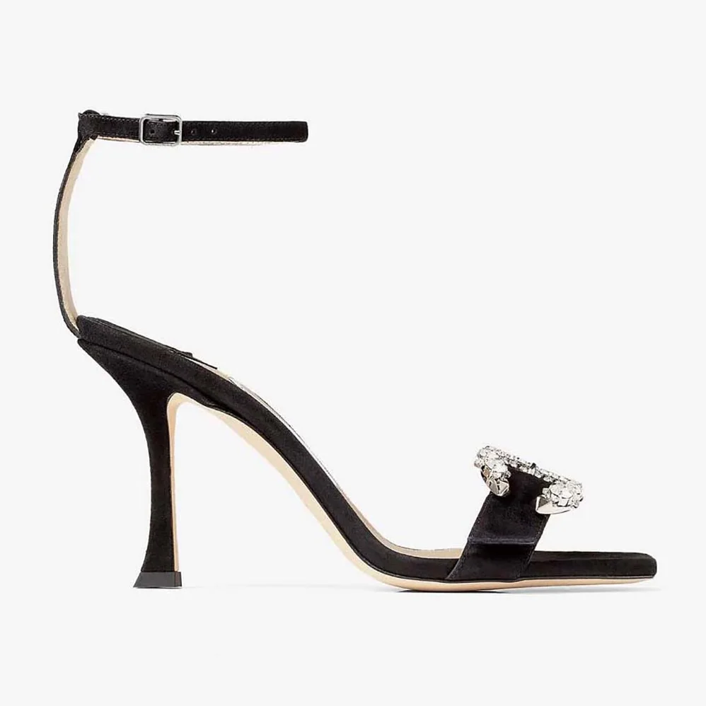 Jimmy Choo Marsai 90 Black Suede Sandals with Crystal Buckle for Women Jimmy Choo Marsai 90 Black Suede Sandals with Crystal Buckle for Women