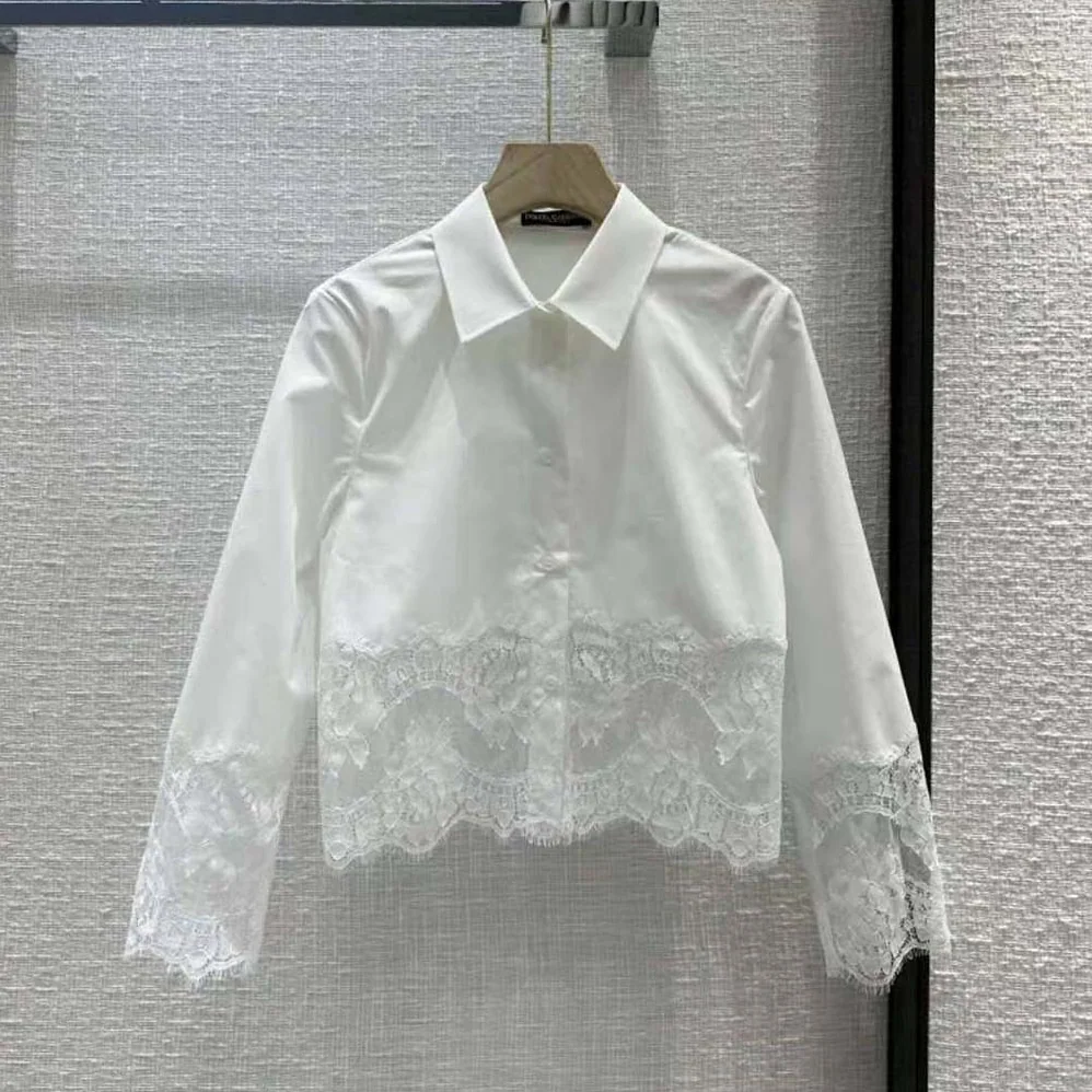 Dolce Gabbana D&G Cropped Poplin Shirt with Lace Inserts for Women Dolce Gabbana D&G Cropped Poplin Shirt with Lace Inserts for Women