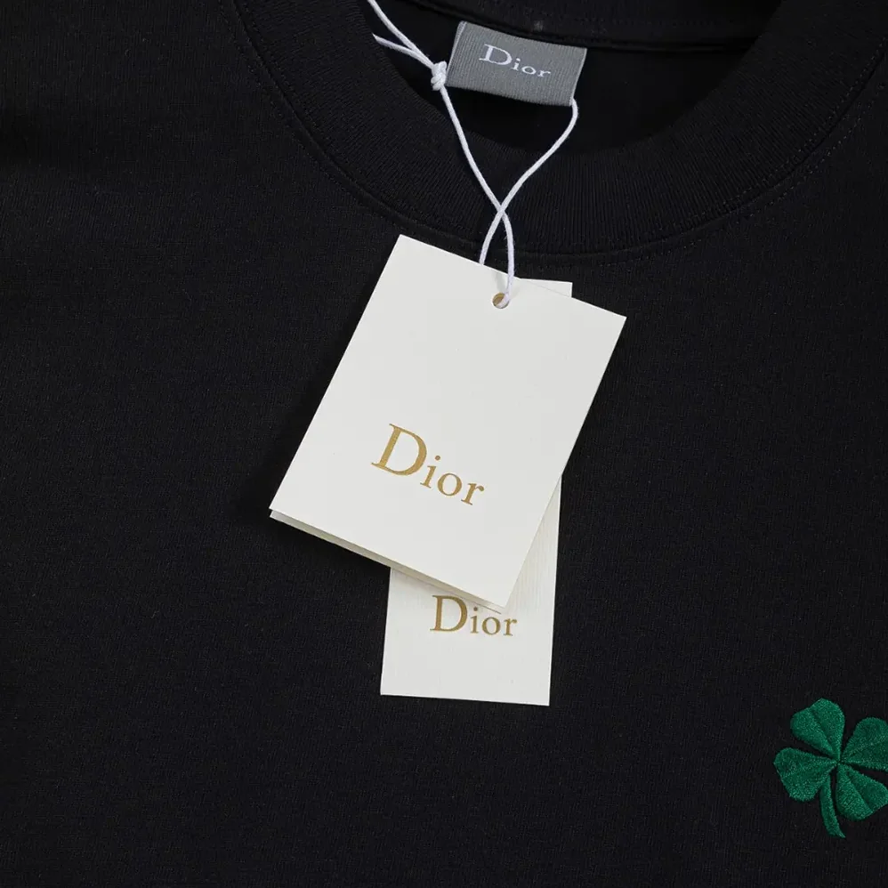 Dior T-Shirt with Dior Clover Embroidery Regular Fit Black Cotton Jersey for Men