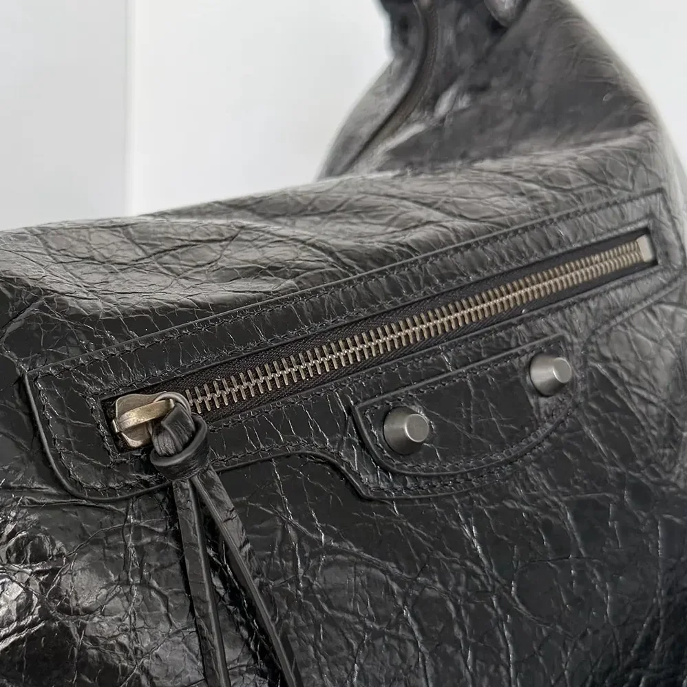 Balenciaga Le City Hobo Bag Medium in Black Arena Lambskin Brass Hardware for Women