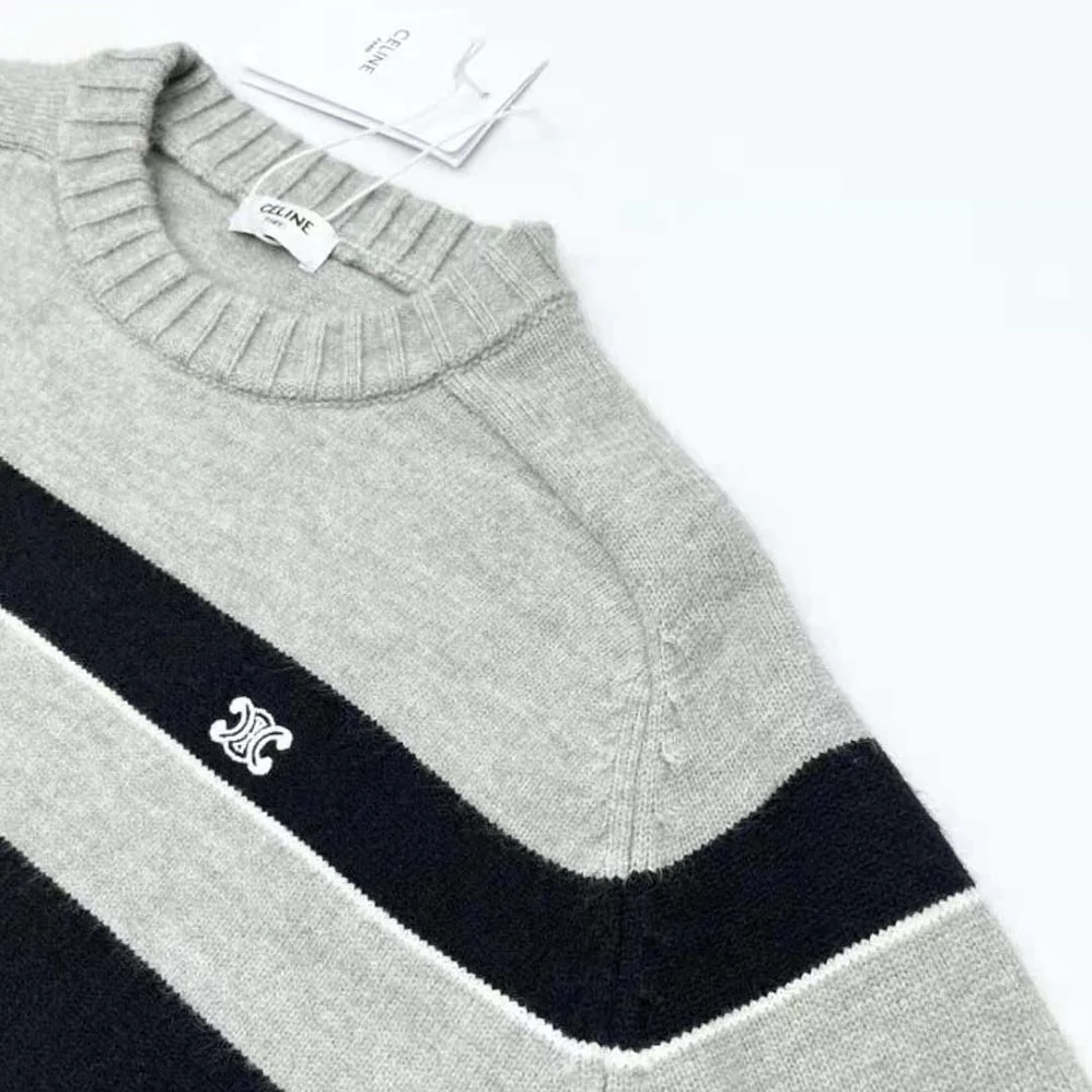 Celine Triomphe Crew Neck Sweater in Striped Wool for Women Celine Triomphe Crew Neck Sweater in Striped Wool for Women