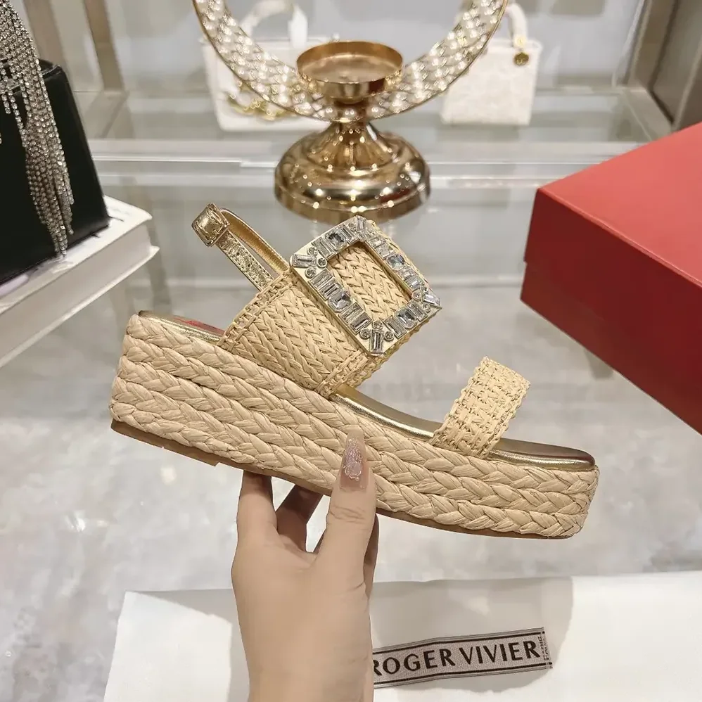 Roger Vivier Strass Buckle Wedge Sandals in Raffia for Women Roger Vivier Strass Buckle Wedge Sandals in Raffia for Women