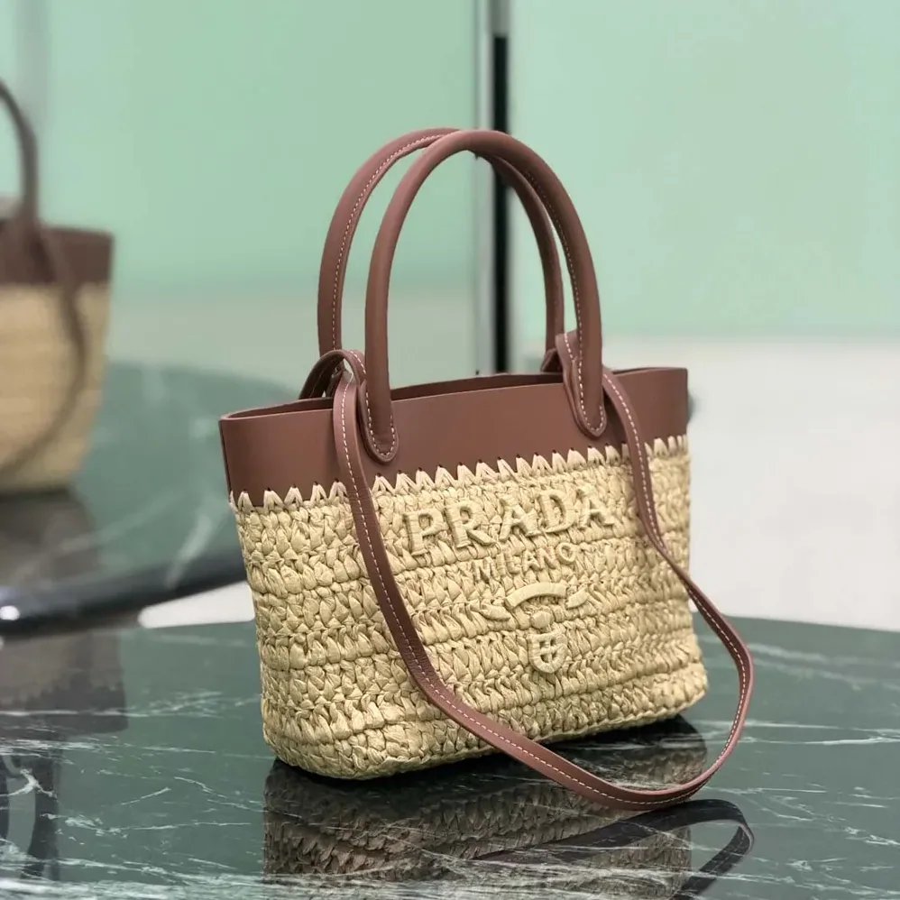 Prada Mini Crochet and Leather Tote Bag for Women Prada Mini Crochet and Leather Tote Bag for Women