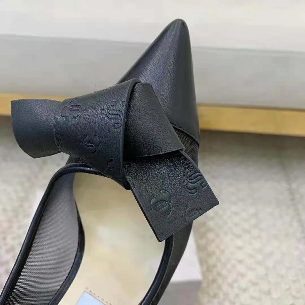 Jimmy Choo Lani 100 Black Mesh Pumps with JC Monogram Leather Bow for Women