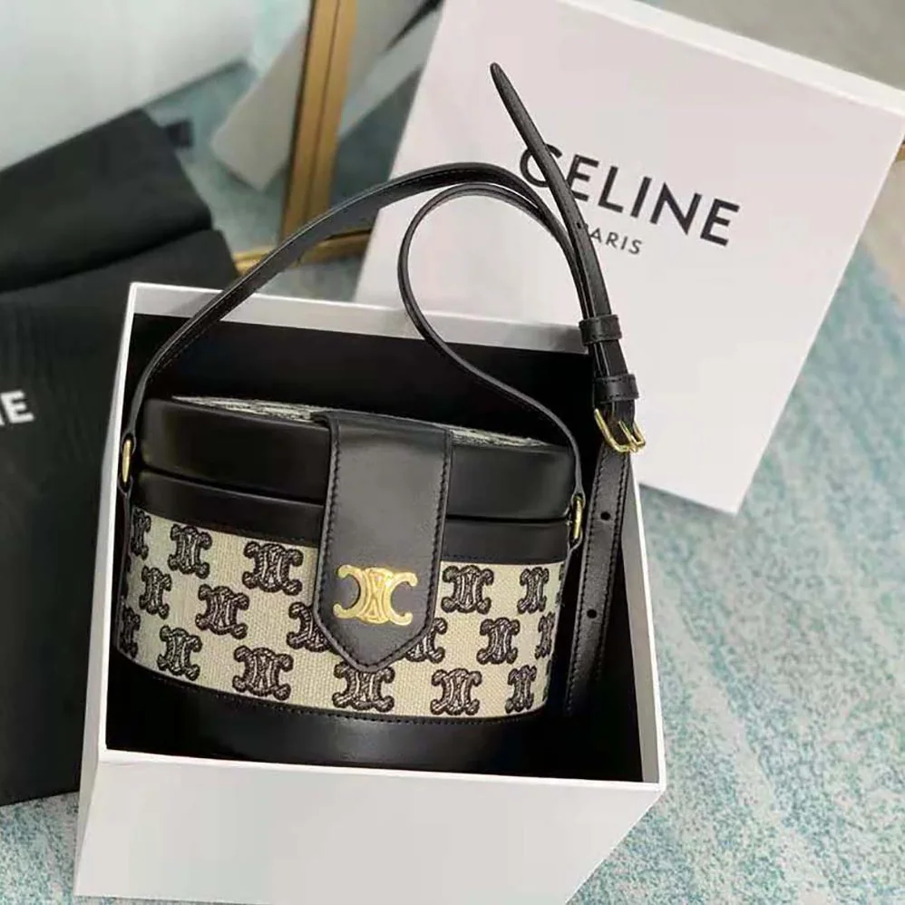 Celine Medium Tambour Bag in Textile with Triomphe Embroidery for Women
