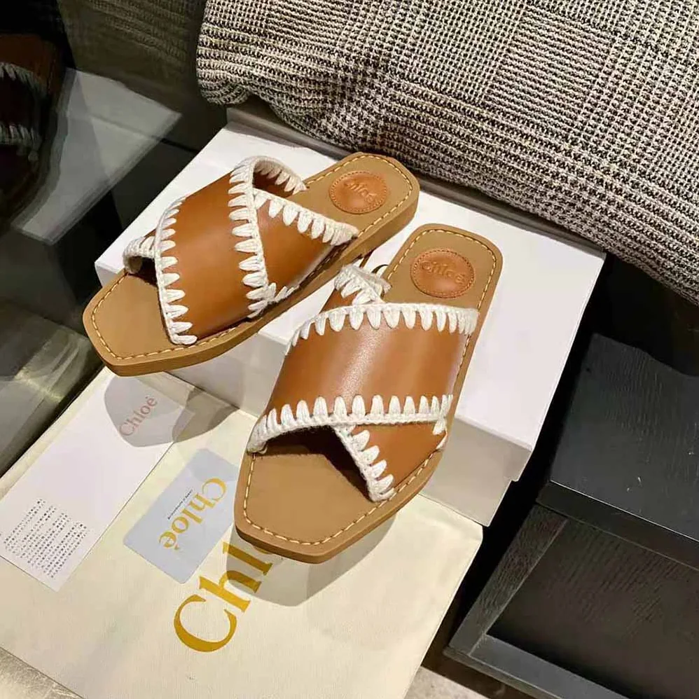 Chloe Woody Flat Slide for Women in Brown