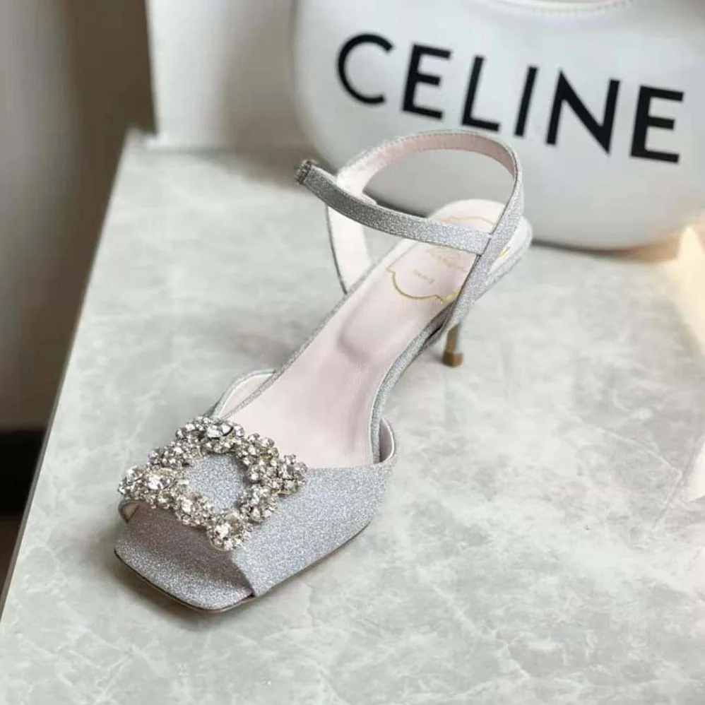 Roger Vivier Flower Strass Buckle Sandals in Satin for Women in Silver Roger Vivier Flower Strass Buckle Sandals in Satin for Women in Silver
