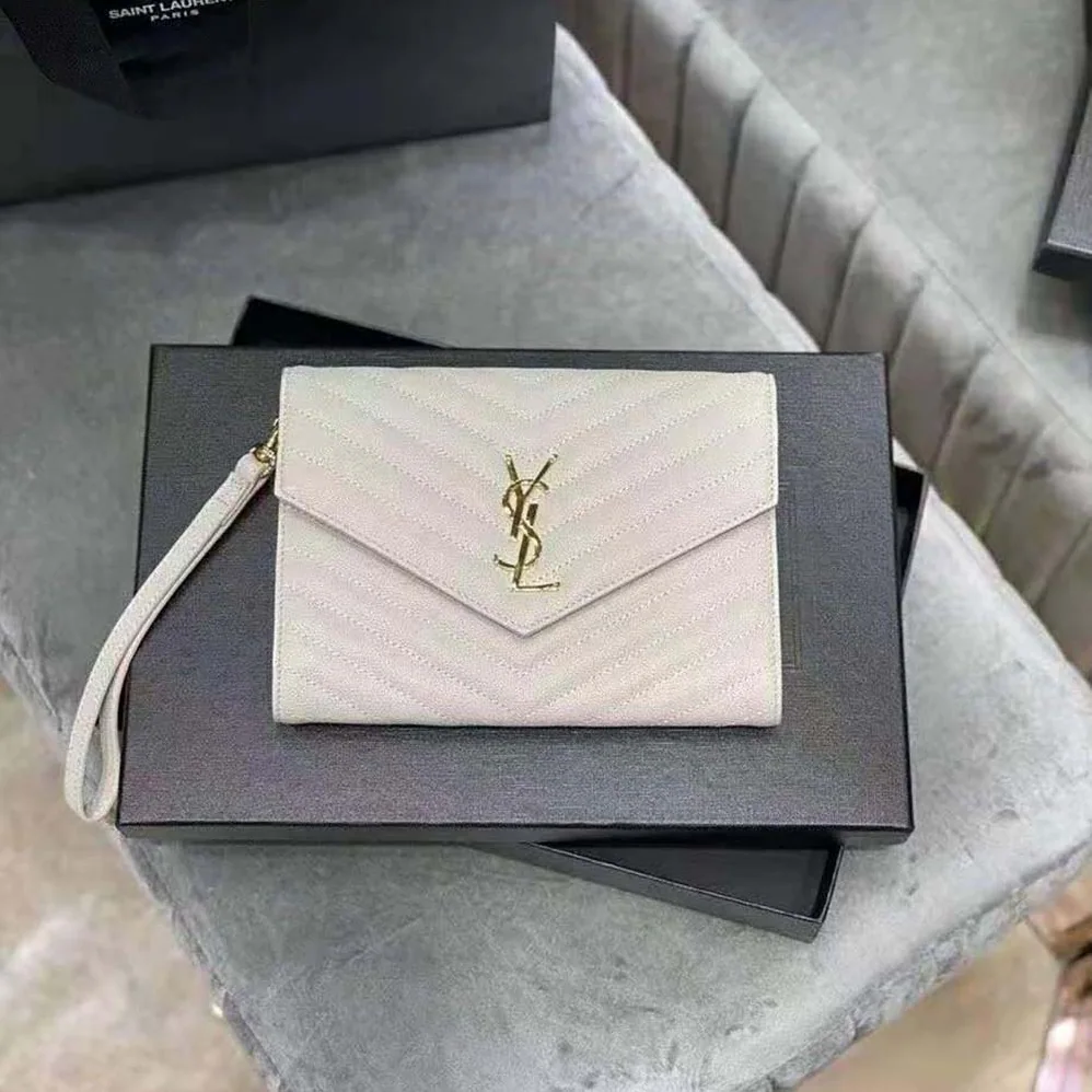 Saint Laurent YSL Monogram Clutch in Quilted Grain de Poudre Embossed Leather for Women