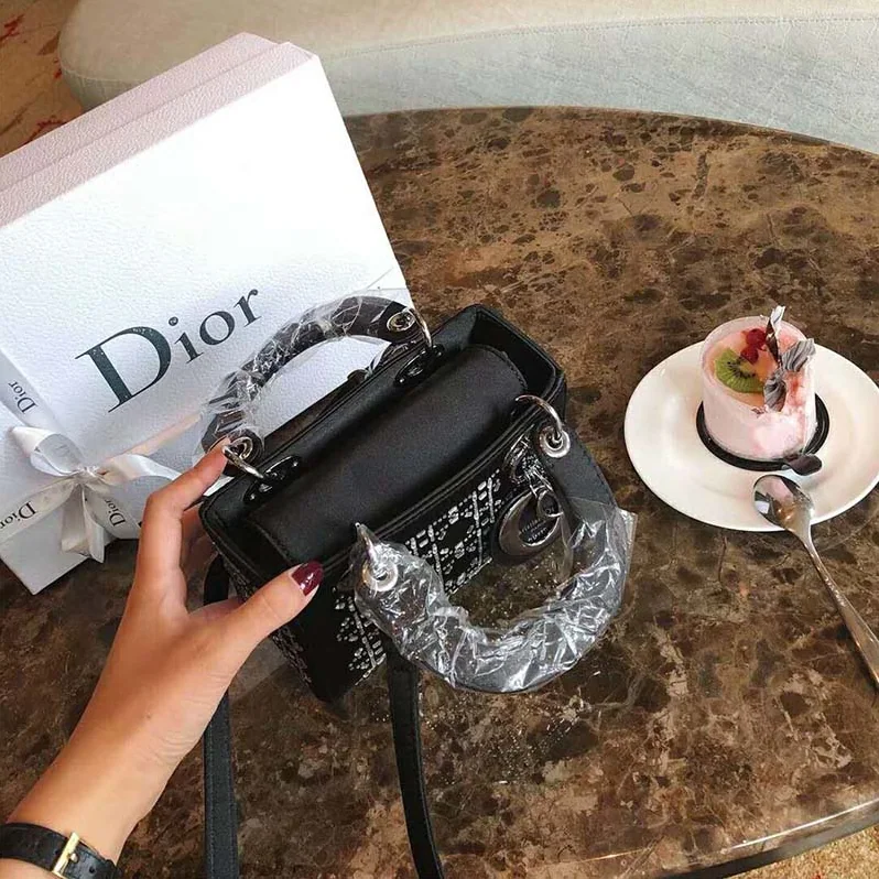 Dior Mini Lady Dior Bag in Black Cannage Satin with Rhinestones Dior Mini Lady Dior Bag in Black Cannage Satin with Rhinestones