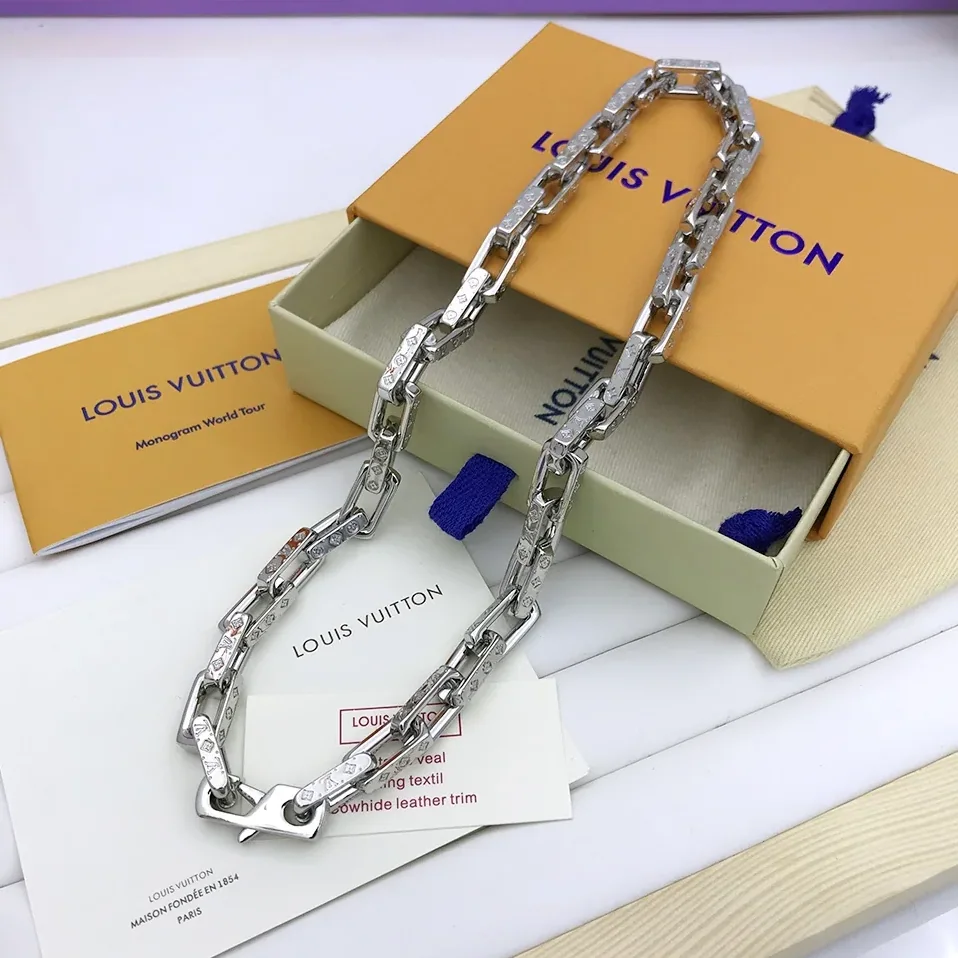 Louis Vuitton Monogram Chain Necklace Silver Tone Louis Vuitton Monogram Chain Necklace Silver Tone