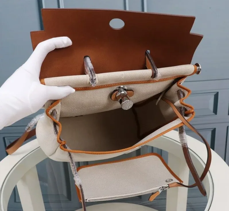 Hermes Buckle Lock Shape Striped Beige, Silver Toned Hardware Bag