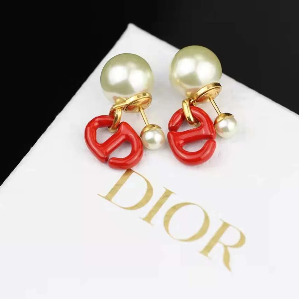 Dior Tribales Earrings Gold-Finish Metal and White Resin Pearls with Raspberry Lacquer for Women
