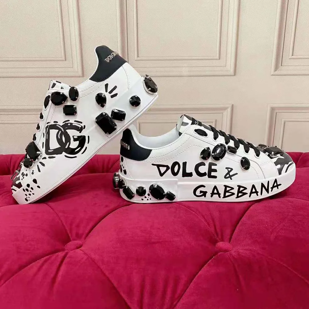 Dolce Gabbana D&G Calfskin Portofino Sneakers with Embroidery for Unisex