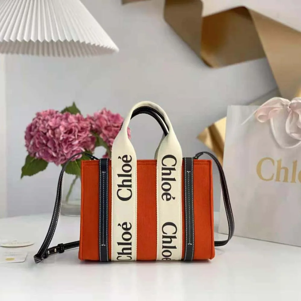 Chloe Small Woody Tote Bag with Strap in Recycled Felt and Shiny Calfskin for Women