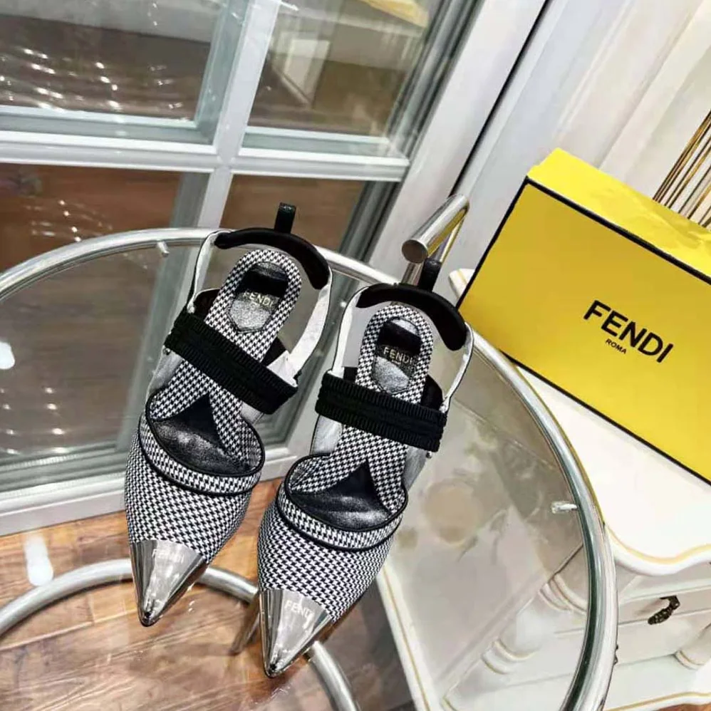 Fendi Colibrì High-Heeled Slingbacks in Black Houndstooth Fabric for Women Fendi Colibrì High-Heeled Slingbacks in Black Houndstooth Fabric for Women