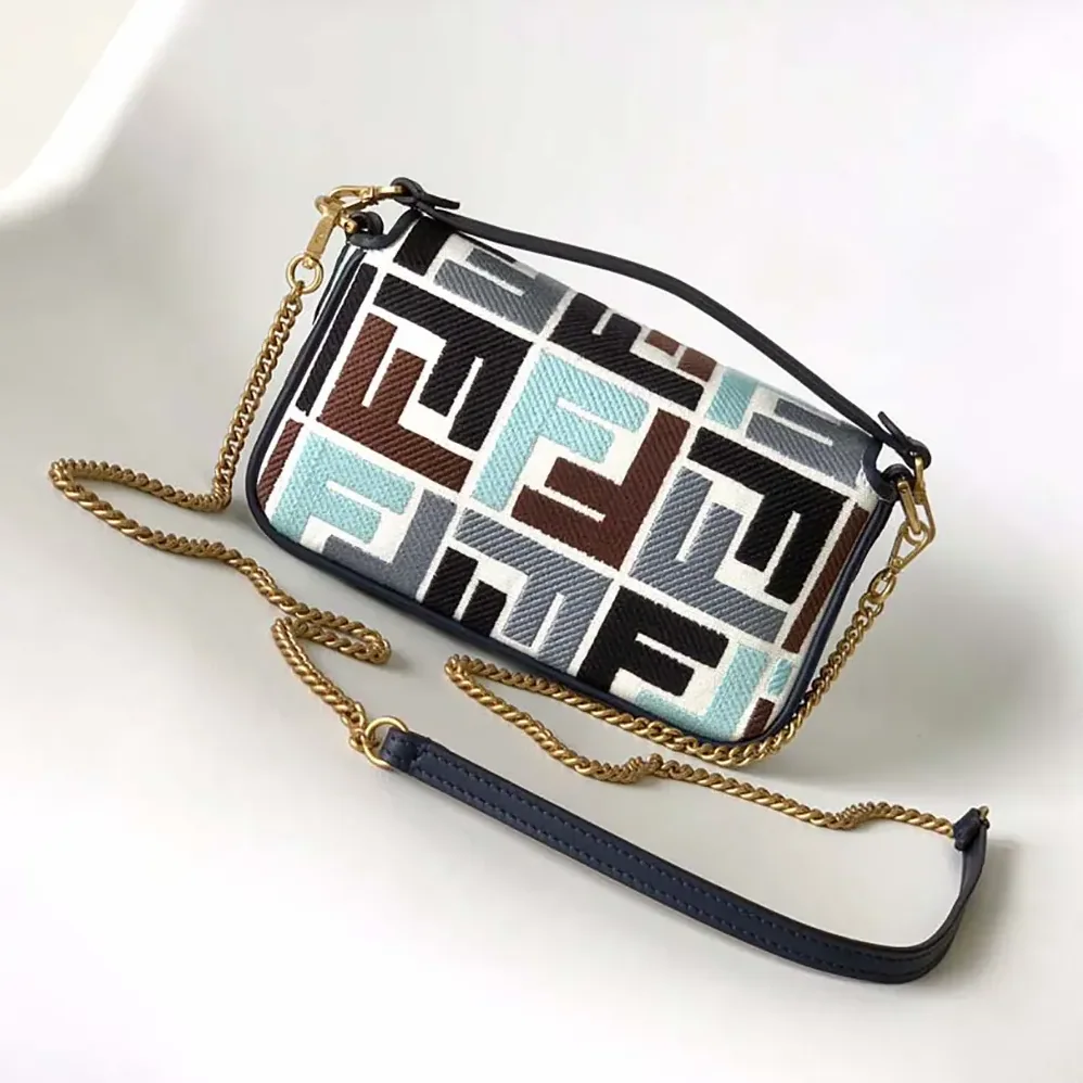 Fendi Baguette Mini Canvas Bag with Multicolor FF Embroidery for Women Fendi Baguette Mini Canvas Bag with Multicolor FF Embroidery for Women