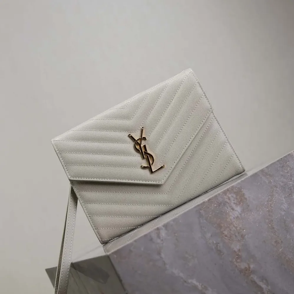 Saint Laurent YSL Cassandre Matelassé Flap Pouch In Grain De Poudre Leather White for Women