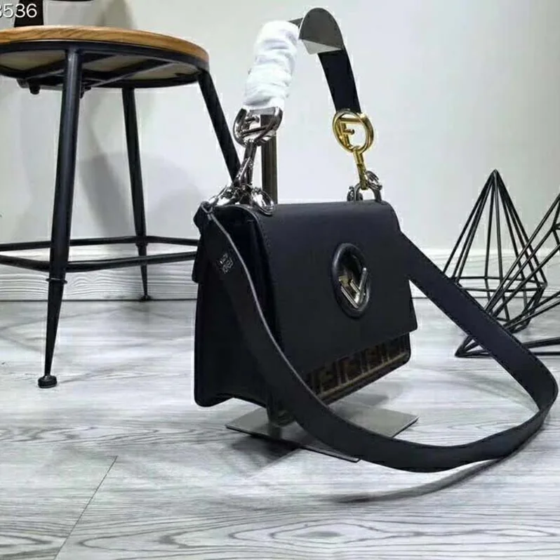 Fendi KAN I F Top Flap Strap Bag with Logo Stitch in Black