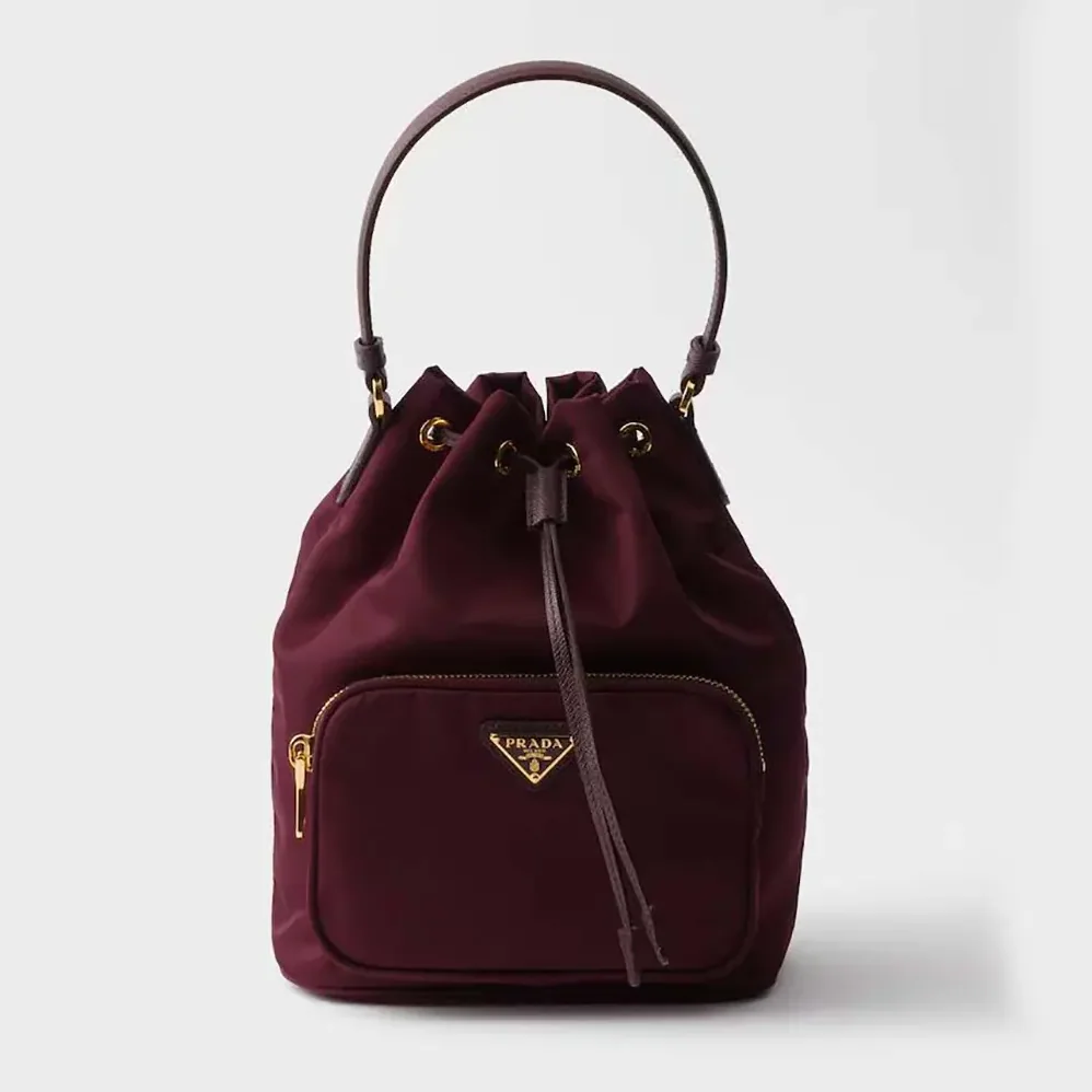 Prada Duet Re-Nylon Bucket Bag for Women in Maroon Prada Duet Re-Nylon Bucket Bag for Women in Maroon