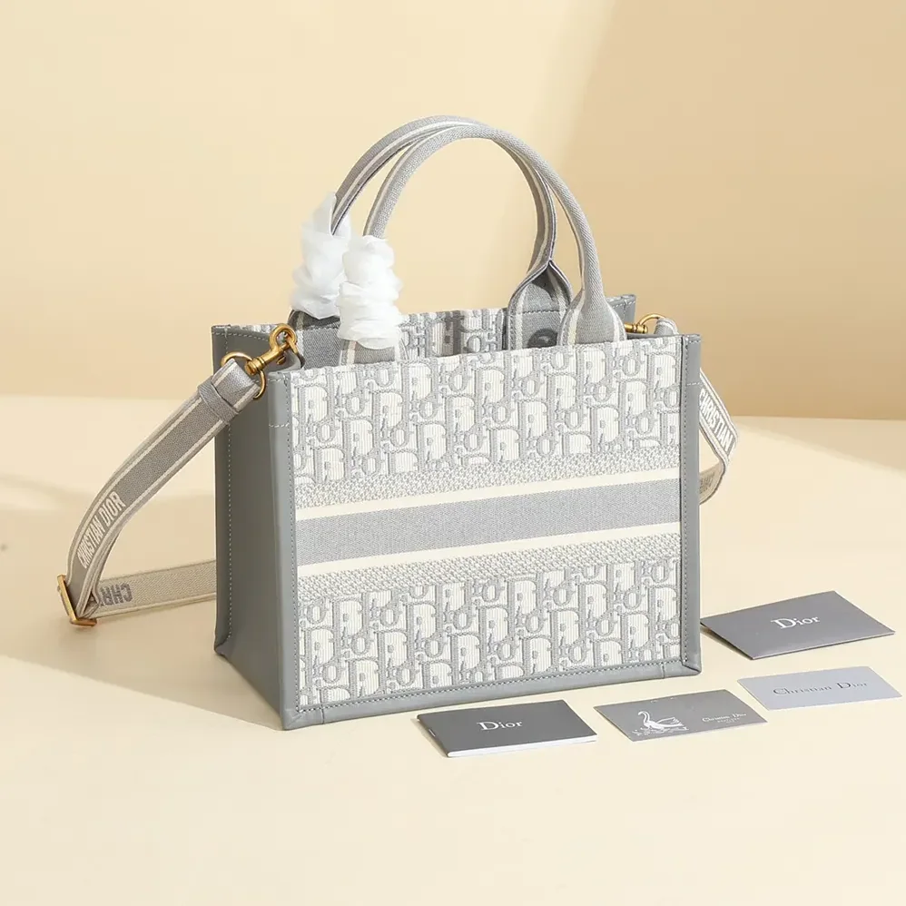 Dior Small Dior Book Tote Gray Dior Oblique Embroidery and Calfskin for Women
