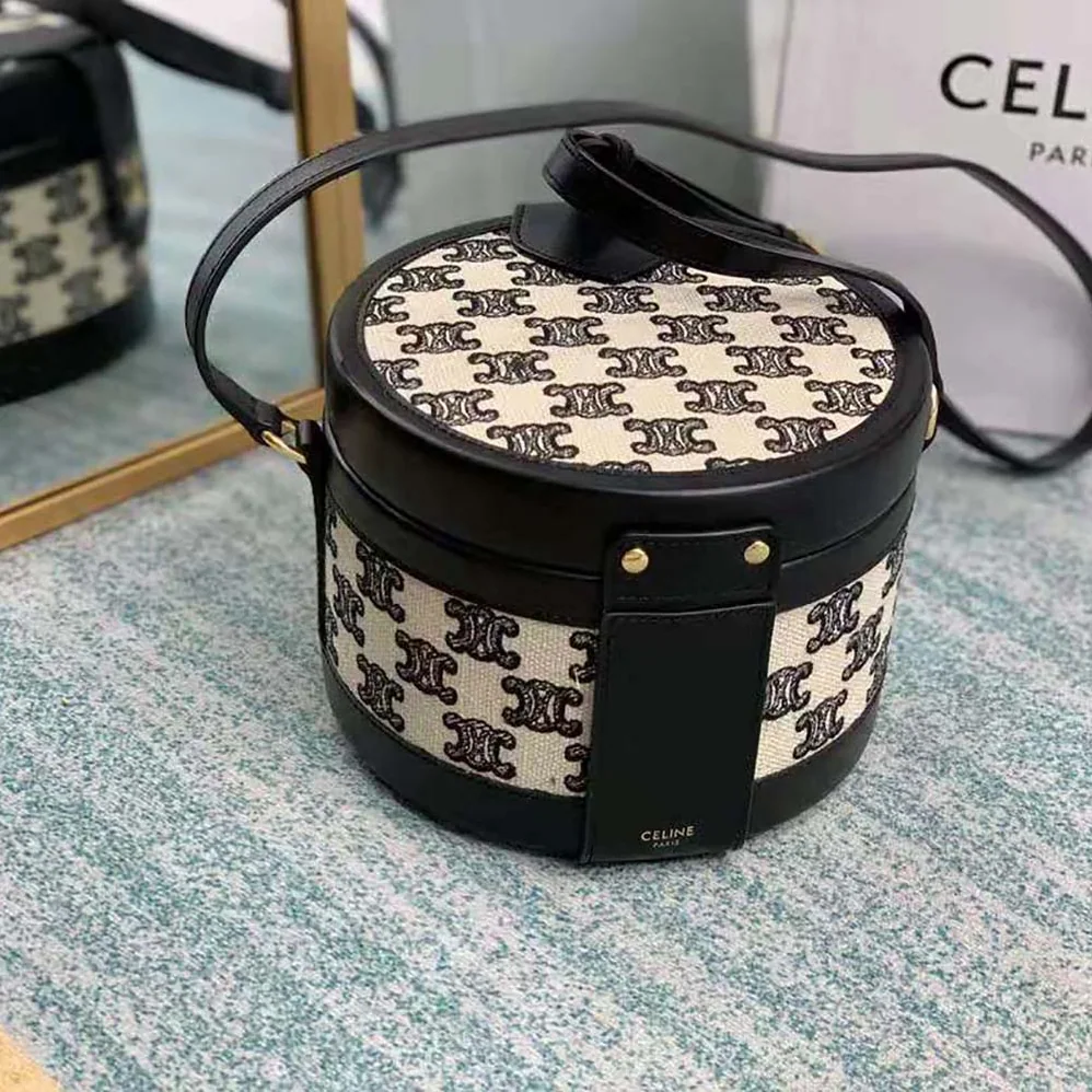 Celine Medium Tambour Bag in Textile with Triomphe Embroidery for Women