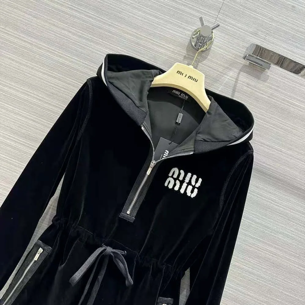 Miu Miu Velvet Short Dress with Signature Embroidered Logo for Women in Black Miu Miu Velvet Short Dress with Signature Embroidered Logo for Women in Black