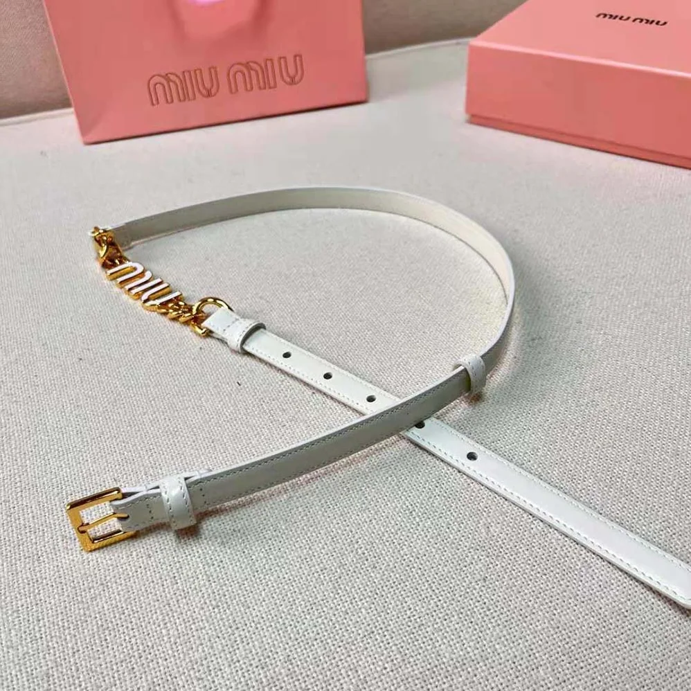 Miu Miu Brushed Leather Belt with Logo for Women in White