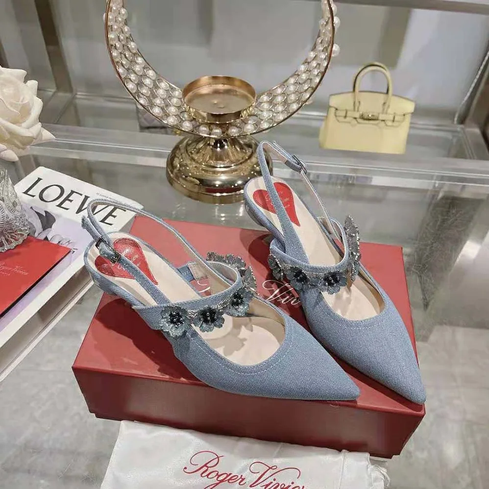 Roger Vivier Virgule Flower Slingback Pumps in Denim for Women