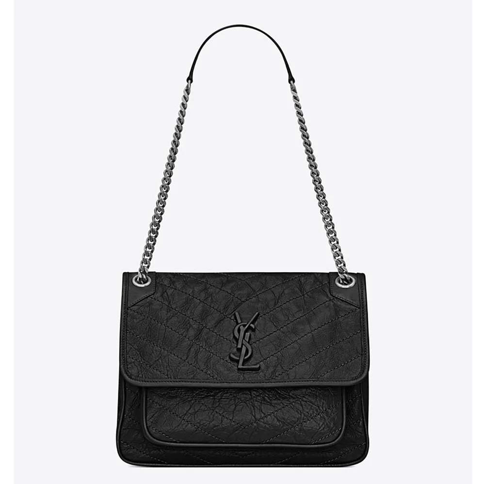 Saint Laurent YSL Medium Niki Chain Crinkled Quilted Fog for Women in Black