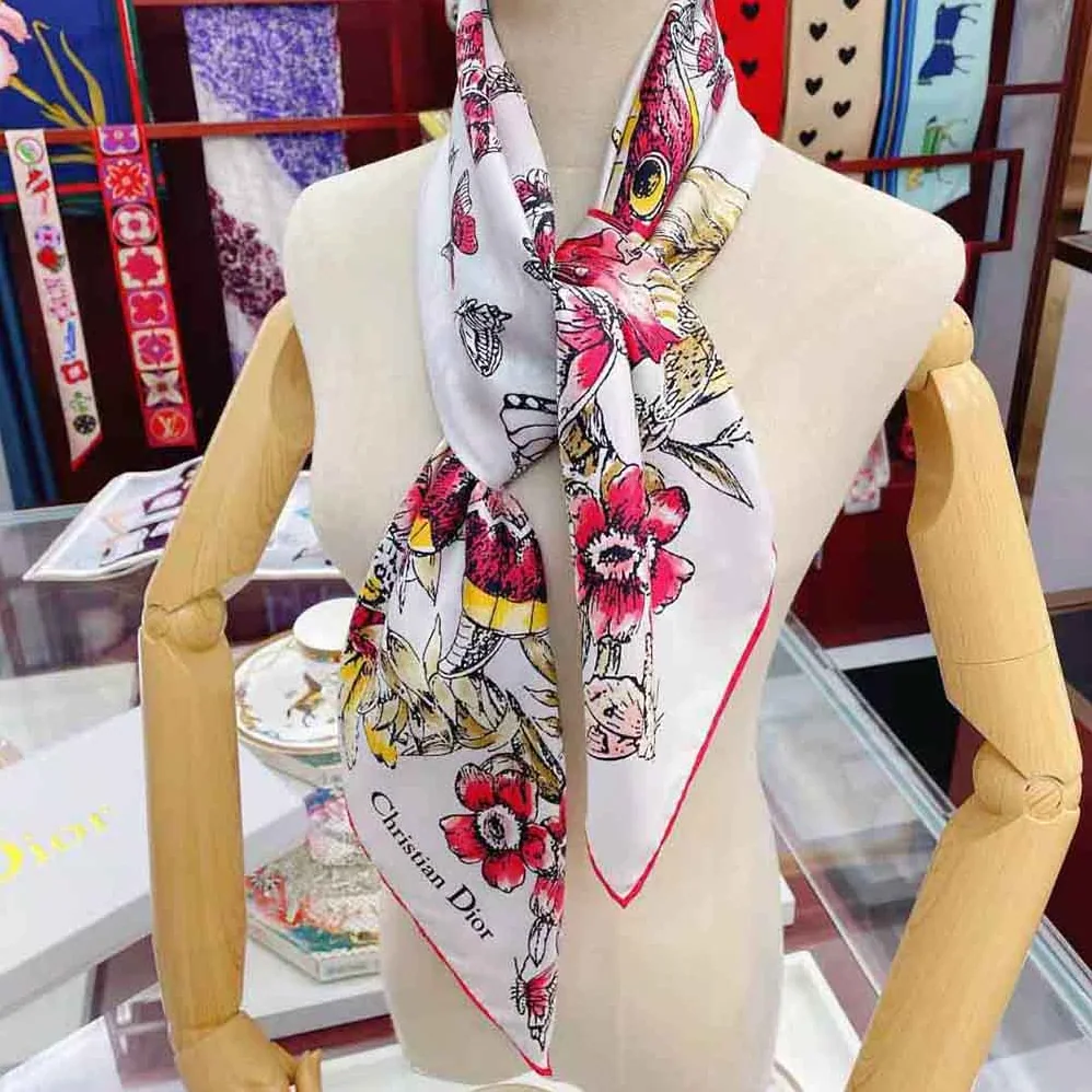 Dior Square Scarf Lvory Silk Twill with Multicolor Butterfly Motif for Women