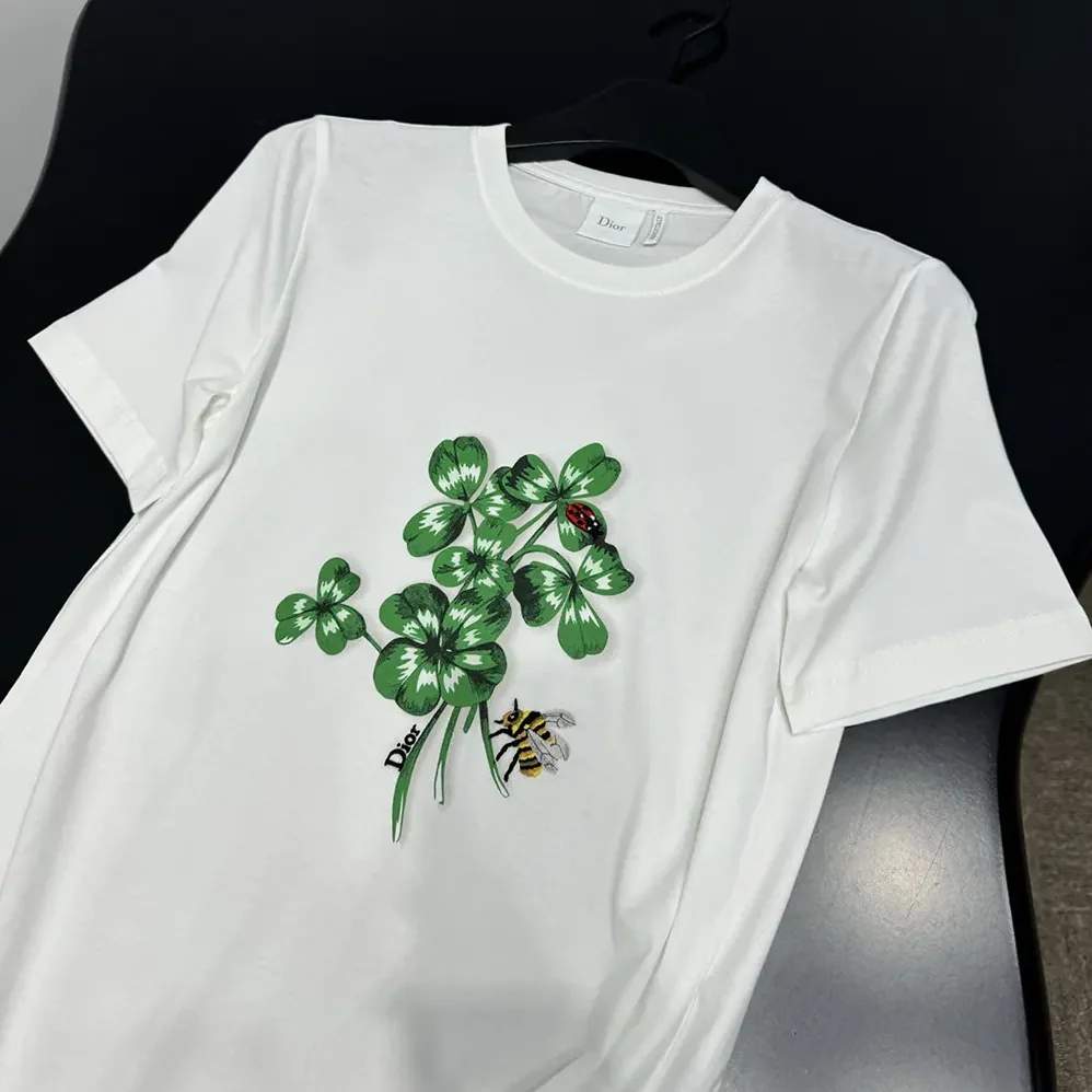Dior Fitted T-Shirt White Cotton Jersey with Green Dior Clover Motif for Women