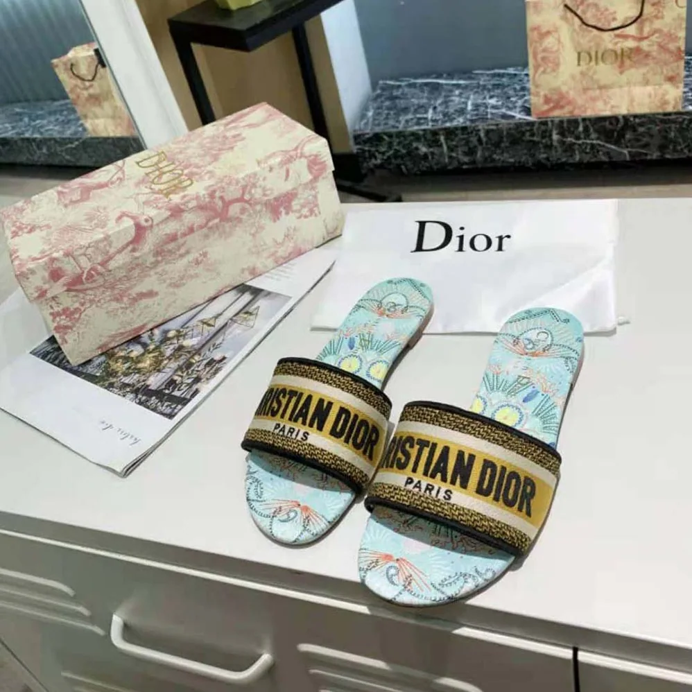 Dior Dway Slide Multicolor Embroidered Cotton for Women in Blue